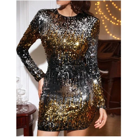 Luxe Sequin Long Sleeve Party Holiday Sexy Dress - Picture 5 of 11